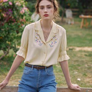 Simple Retro - ALICIA FLORAL EMBROIDERY V-NECK BLOUSE- Small
